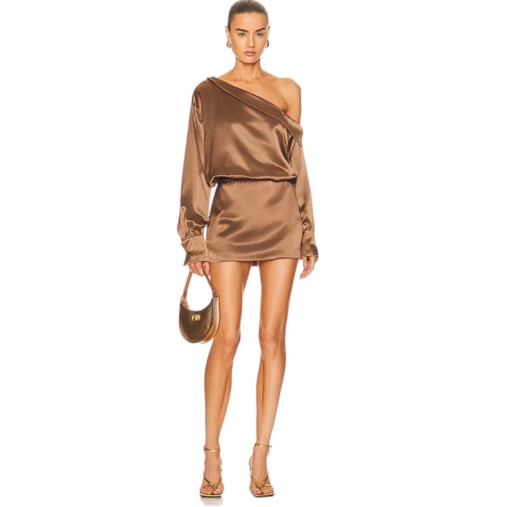 NWT Retrofete Elio Off Shoulder Mini Dress in Cognac Size Small Reg. $395